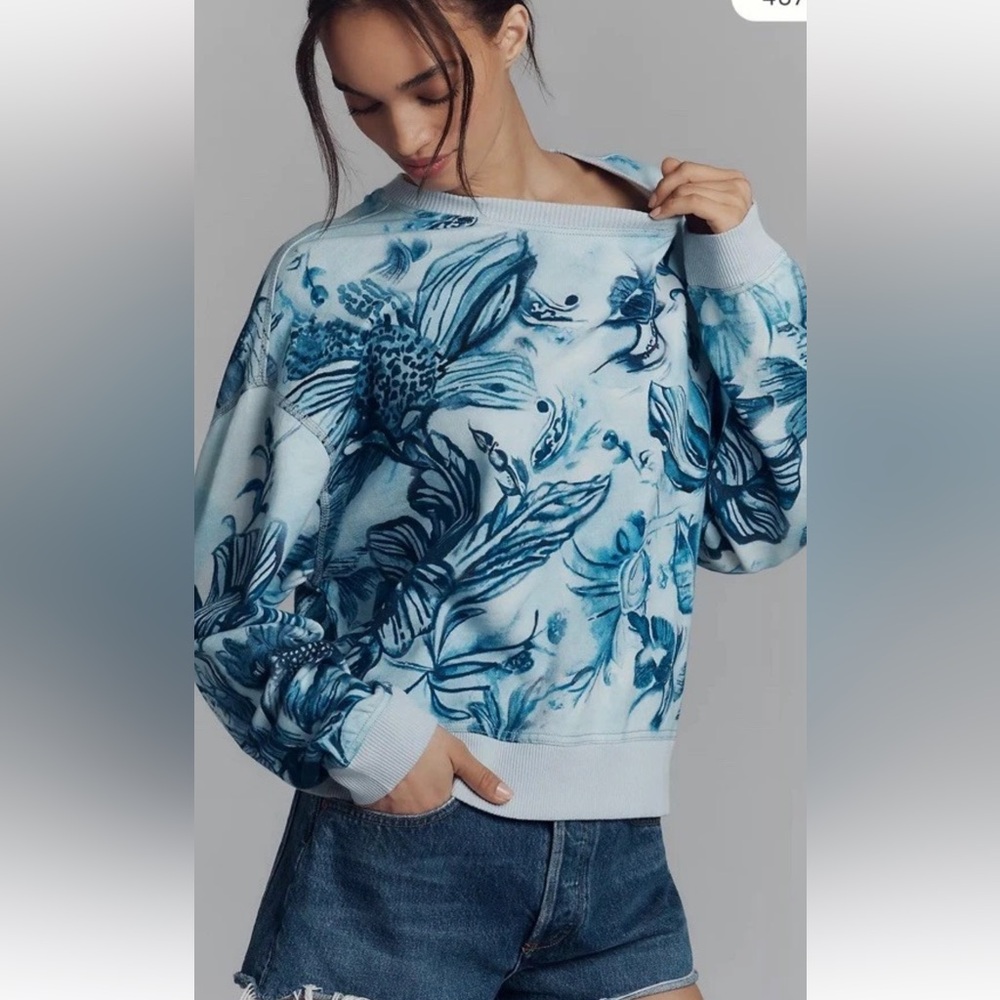 Anthropologie Pilcro Batik Oversized Sweatshirt Floral Abstract Ribbed Blue